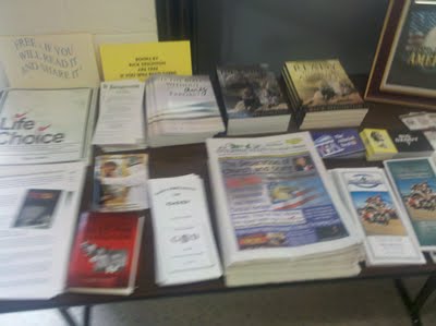 A picture of the table with religious and political propaganda